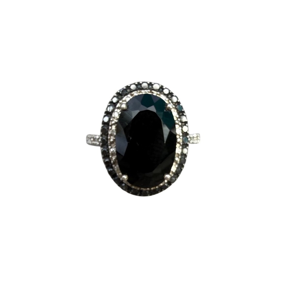 925 Sterling Silver Ring Womens 7 Black Onyx Oval Halo Cocktail Statement
